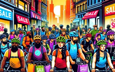 DALL·E 2023 11 23 22.38.56 A vibrant cartoon style cover image for a web article about Black Friday deals for cyclists. The image features a bustling city street scene with div