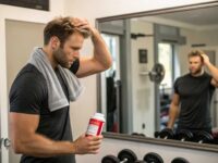 hombre tomando creatina en el gimnasio y revisando