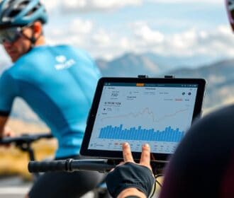 Ciclista analizando datos de entrenamiento en una plataforma de IA en su tablet mientras está en su bicicleta