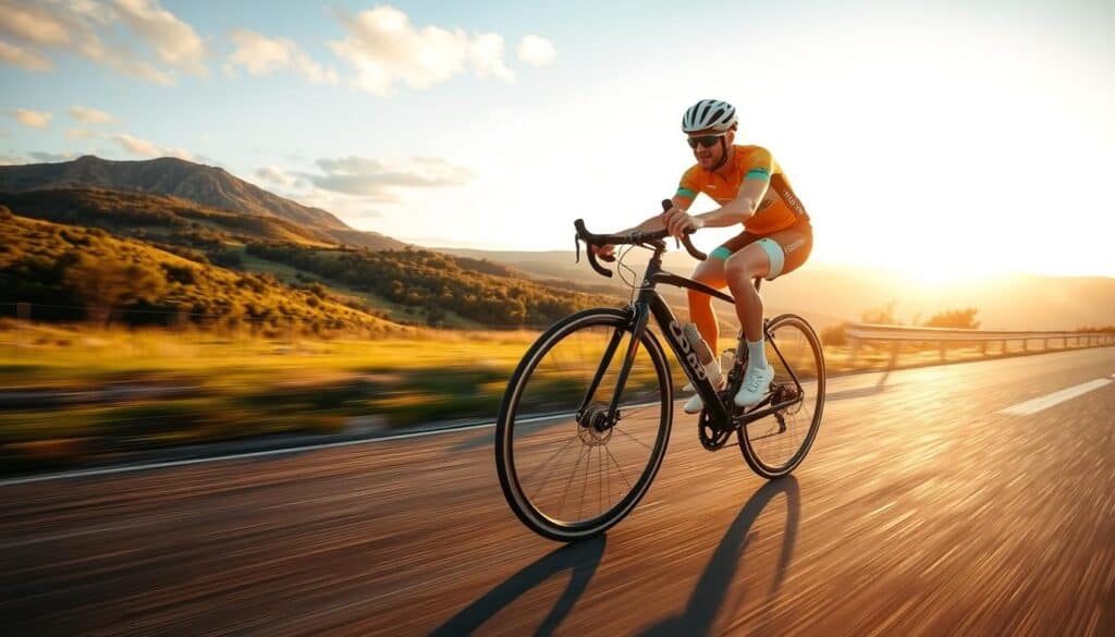 Ciclista Disfrutando De Mayor Velocidad Con Ruedas De Carbono Para Bicicletas Ciclista Disfrutando De Mayor Velocidad Con Ruedas De Carbono Para Bicicletas