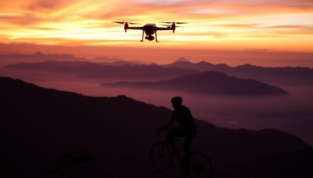 Ciclista disfrutando de una ruta al atardecer con el HOVERAir X1 capturando el momento Ciclista disfrutando de una ruta al atardecer con el HOVERAir X1 capturando el momento