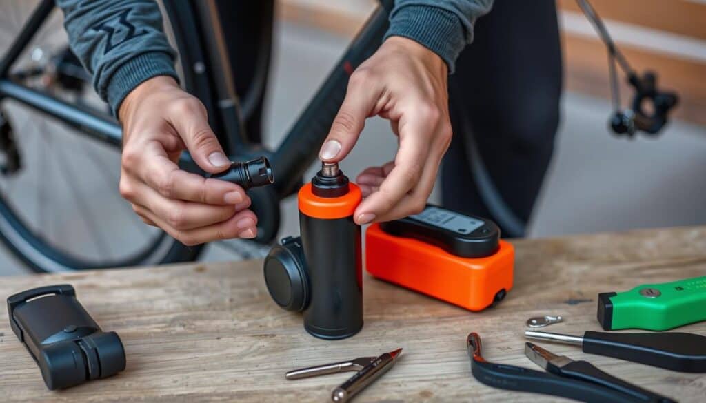 Ciclista Realizando Mantenimiento A Una Mini Bomba Eléctrica Para Bicicleta Ciclista Realizando Mantenimiento A Una Mini Bomba Eléctrica Para Bicicleta