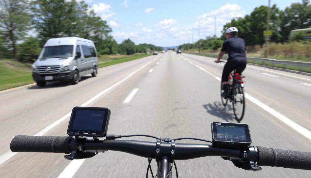 Ciclista Utilizando Un Radar Trasero En Una Carretera Abierta Con Tráfico Ciclista Utilizando Un Radar Trasero En Una Carretera Abierta Con Tráfico