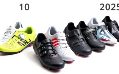 Colección De Las Mejores Zapatillas De Ciclismo De Carretera 2025 Dispuestas En Fila Mostrando Diferentes Modelos, Colores Y Sistemas De Cierre