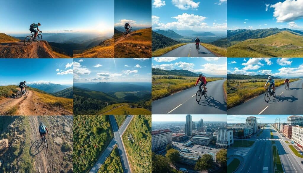 Collage de imágenes capturadas por ciclistas usando el HOVERAir X1 en diferentes terrenos Collage de imágenes capturadas por ciclistas usando el HOVERAir X1 en diferentes terrenos