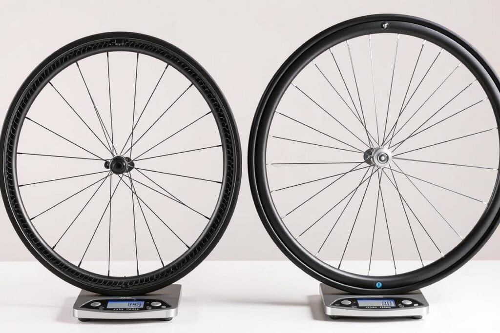 Comparación De Ruedas De Carbono Y Aluminio Para Bicicletas Mostrando La Diferencia De Peso Comparación De Ruedas De Carbono Y Aluminio Para Bicicletas Mostrando La Diferencia De Peso