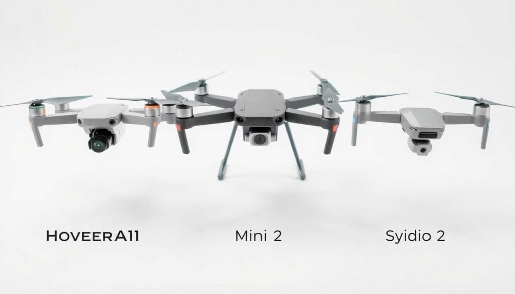 Comparativa visual de los tres drones: HOVERAir X1, DJI Mini 2 y Skydio 2 Comparativa visual de los tres drones: HOVERAir X1, DJI Mini 2 y Skydio 2