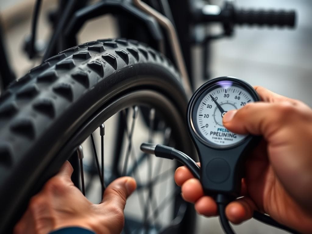 Comprobación De La Presión De Los Neumáticos En Una Bicicleta Eléctrica Comprobación De La Presión De Los Neumáticos En Una Bicicleta Eléctrica