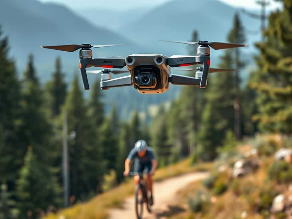 DJI Mini 3 Pro siguiendo a un ciclista en un sendero DJI Mini 3 Pro siguiendo a un ciclista en un sendero
