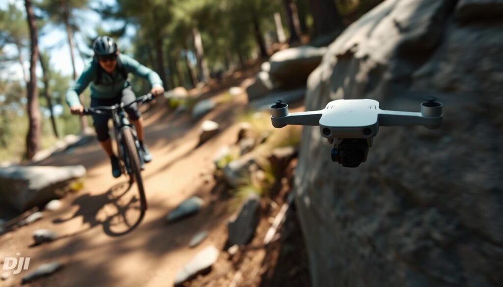 DJI Mini 4 Pro siguiendo a un ciclista en un sendero con obstáculos