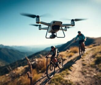 Drone siguiendo a un ciclista en un sendero de montaña