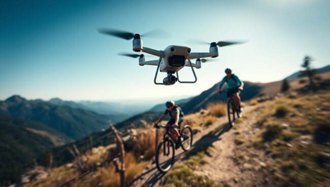 Drone siguiendo a un ciclista en un sendero de montaña