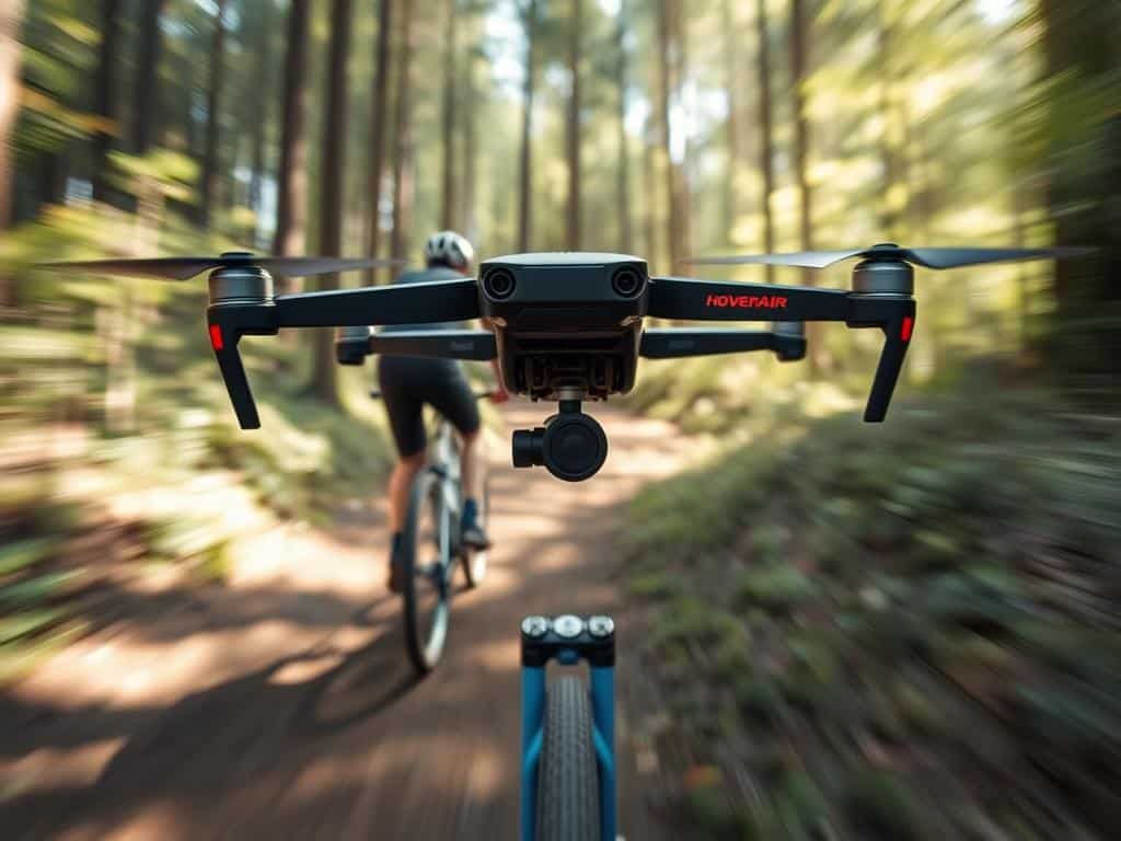 HOVERAir X1 en modo Follow siguiendo a un ciclista en un sendero HOVERAir X1 en modo Follow siguiendo a un ciclista en un sendero