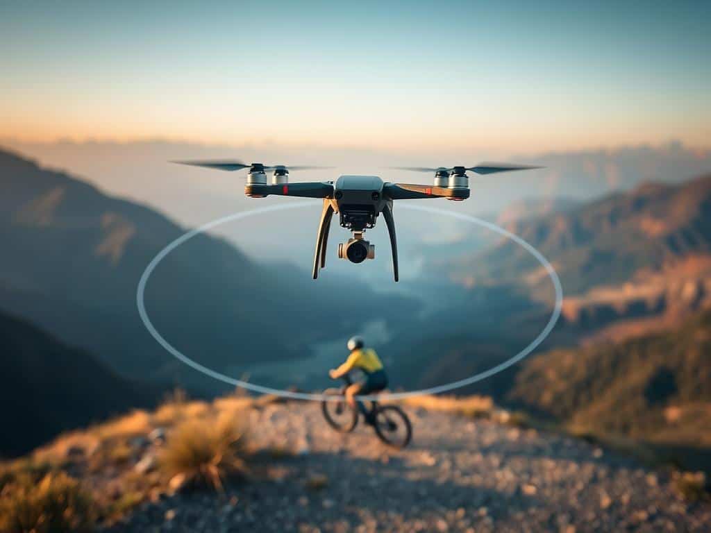 HOVERAir X1 en modo Orbit alrededor de un ciclista en un mirador HOVERAir X1 en modo Orbit alrededor de un ciclista en un mirador