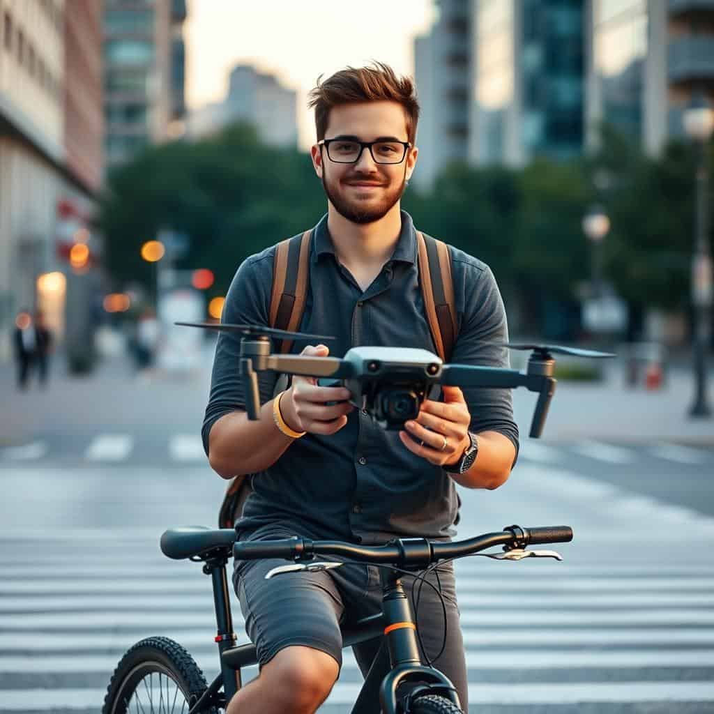 Miguel, ciclista urbano usando el HOVERAir X1 en Madrid Miguel, ciclista urbano usando el HOVERAir X1 en Madrid