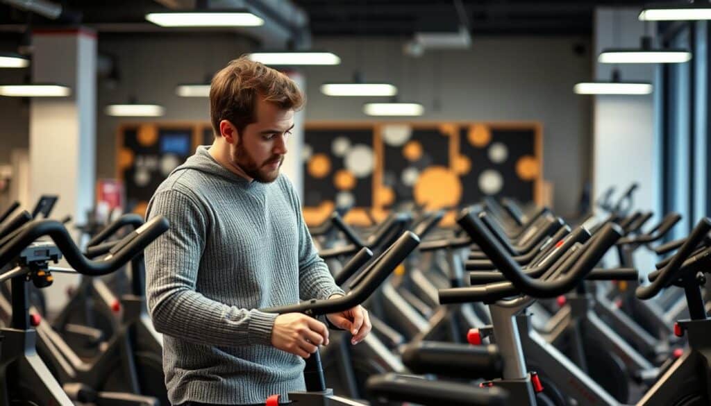 Persona Eligiendo Una Bicicleta De Spinning Según Sus Objetivos De Entrenamiento Persona Eligiendo Una Bicicleta De Spinning Según Sus Objetivos De Entrenamiento