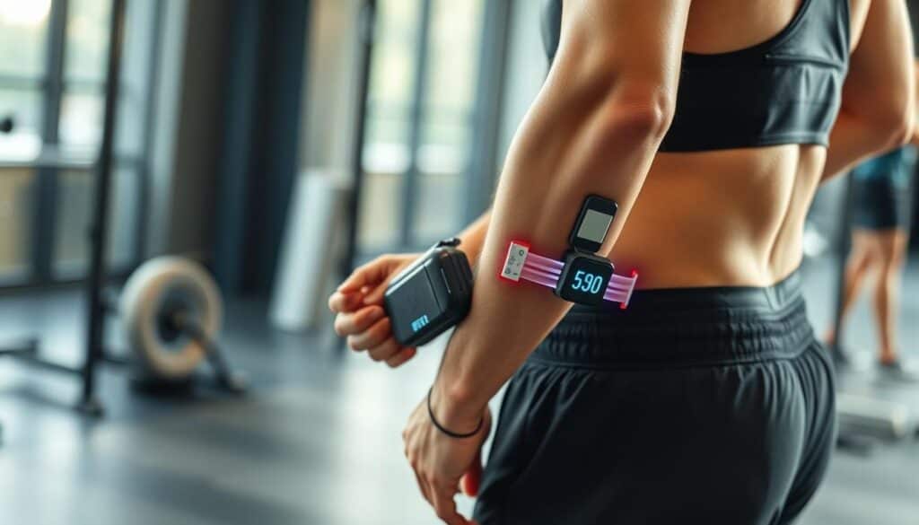 Persona utilizando un Electroestimulador COMPEX durante su rutina de entrenamiento Persona utilizando un Electroestimulador COMPEX durante su rutina de entrenamiento