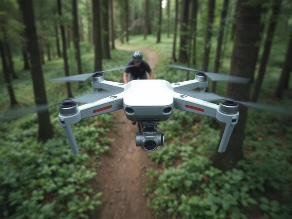 Skydio 2+ siguiendo automáticamente a un ciclista entre árboles Skydio 2+ siguiendo automáticamente a un ciclista entre árboles