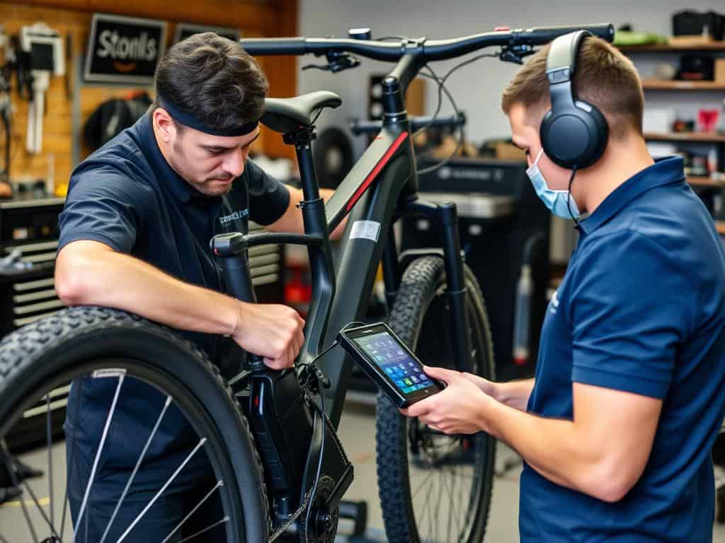 Técnico Especializado Realizando Mantenimiento Avanzado A Una Bicicleta Eléctrica Técnico Especializado Realizando Mantenimiento Avanzado A Una Bicicleta Eléctrica