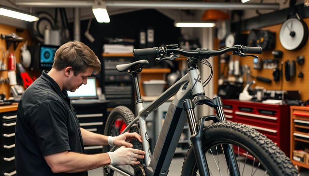 Técnico Realizando Mantenimiento Anual A Una Bicicleta Eléctrica En Taller Especializado Técnico Realizando Mantenimiento Anual A Una Bicicleta Eléctrica En Taller Especializado