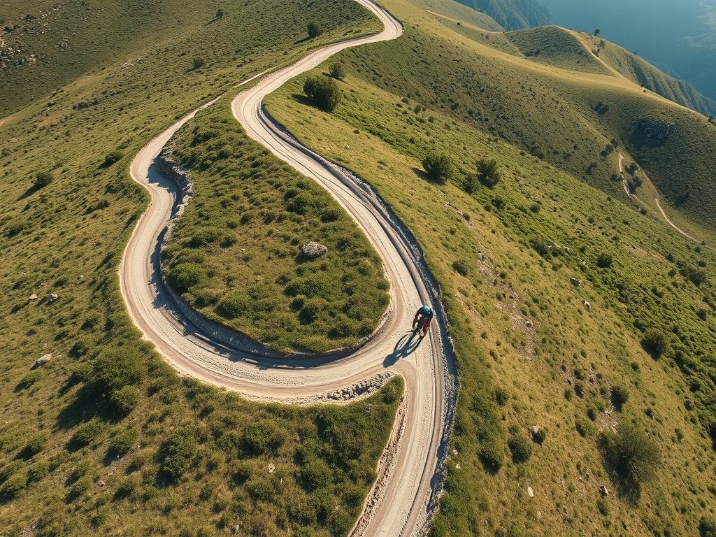 Vista aérea de un ciclista en un sendero capturada con el HOVERAir X1 Vista aérea de un ciclista en un sendero capturada con el HOVERAir X1